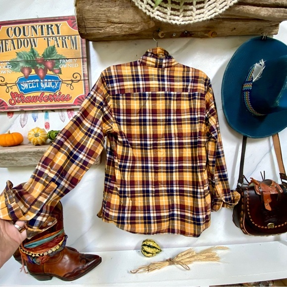 ROOTS plaid flannel boho shirt/cover up w fall harvest thanksgiving cabin vibe - Picture 6 of 14